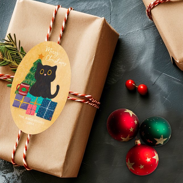 Sticker Ovale Joyeux Noël Sable Mignon Chat Noir Arbre de Noël (Créateur téléchargé)