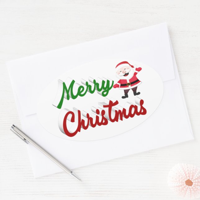 Sticker Ovale Joyeux Noël Santa Claus rouge vert script (Enveloppe)