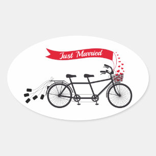 Sticker Ovale Juste marié, mariage tandem vélo