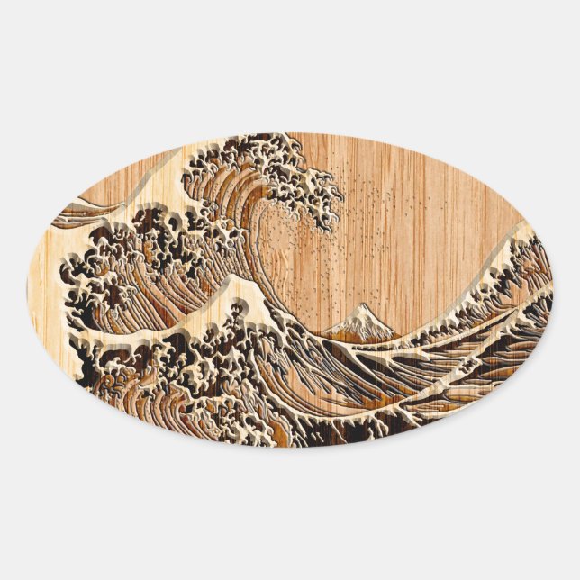Sticker Ovale La Grande Vague Hokusai Style Bamboo Bois (Devant)