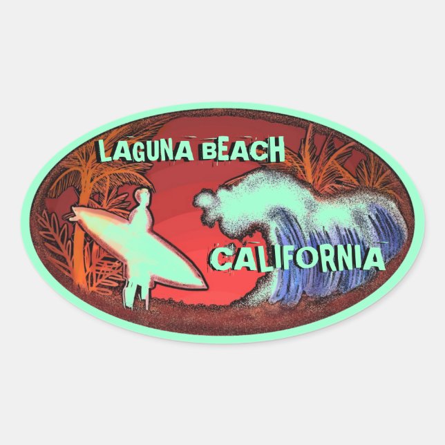 Sticker Ovale Laguna Beach Californie surf vert clair autocollan (Devant)