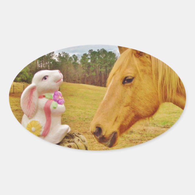 Sticker Ovale Lapin blanc et Cheval jaune (Devant)