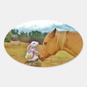 Sticker Ovale Lapin blanc et Cheval jaune