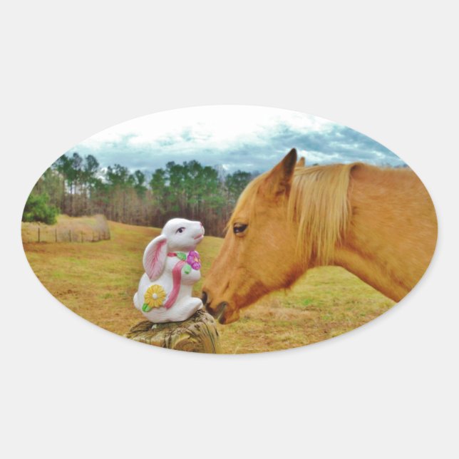 Sticker Ovale Lapin blanc et Cheval jaune (Devant)