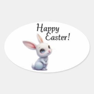 Sticker Ovale Lapin Blanc Mignon avec de Grands Yeux Bleus Joyeu