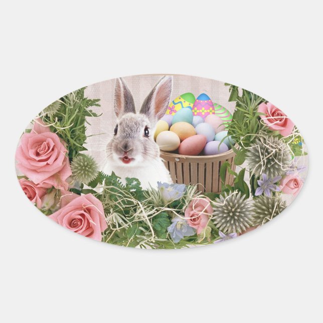 Sticker Ovale Lapin de vacances (A charming scene unfolds as a fluffy rabbit peeks playfully from a lush floral arrangement.)