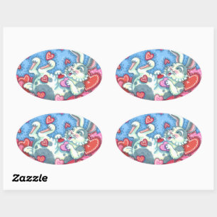 STICKER OVALE LAPIN ET CŒURS COLORÉS PLUVIÈRE DE SAINT-VALENTIN
