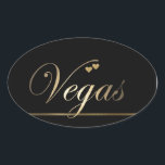 Sticker Ovale Las Vegas noir et or<br><div class="desc">Arrière - plan noir spectaculaire et élégant avec le mot Vegas en or avec deux coeurs d'or à proximité. Super design do-it-yourself Las Vegas - ajoutez votre propre texte ou photos et profitez de votre design Vegas!</div>