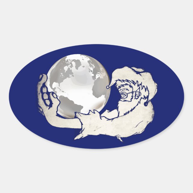 Sticker Ovale le monde entier dans une main de singes (Devant)
