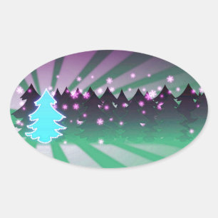 Sticker Ovale Les arbres de Noël dans les tons verts