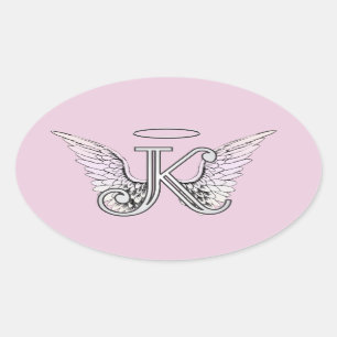 Sticker Ovale Lettre rose K Angel Wings Monogramme