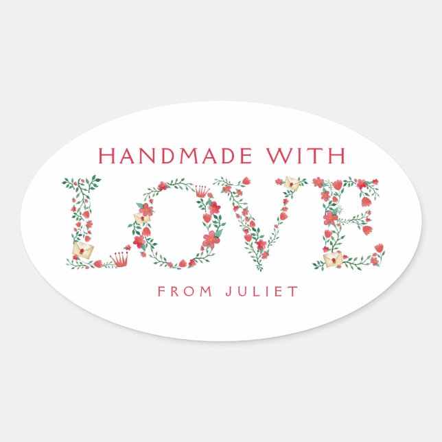 Sticker Ovale Lettres d'amour florales | Fabriqué avec amour (Devant)