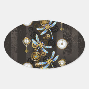 Sticker Ovale Libellules Steampunk sur fond rayé marron