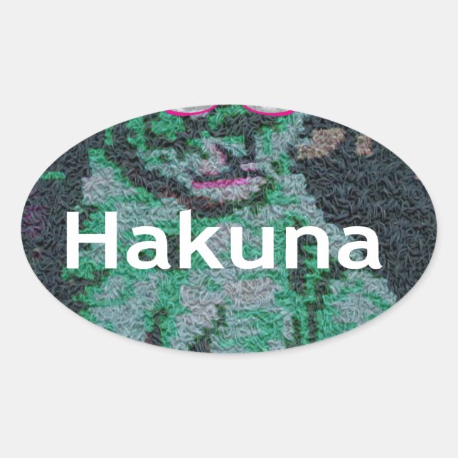 Sticker Ovale Lion vert avec lunettes roses "Hakuna Matata" Art (Devant)