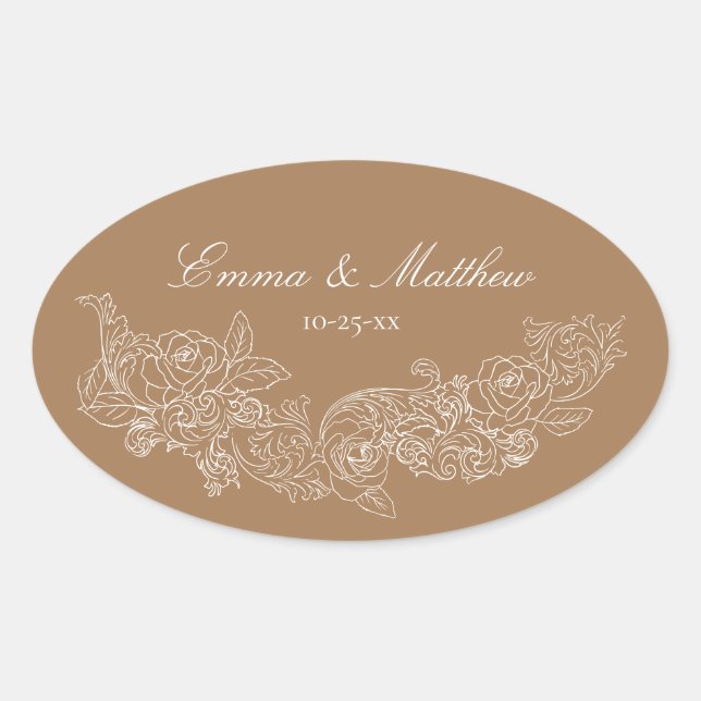 Sticker Ovale Logo de mariage marron doré ornement classique (Devant)