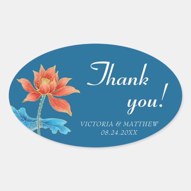 Sticker Ovale Lotus Flower Orange & Merci Mariage bleu (Devant)