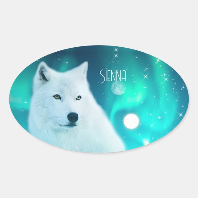 Sticker Ovale Loup arctique et nuit magique avec aurores boréale (Devant)