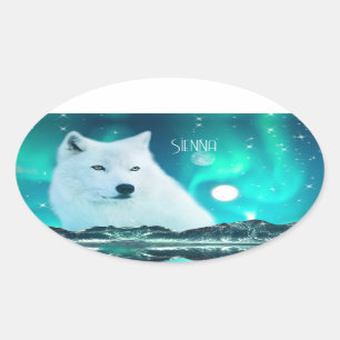 Sticker Ovale Loup arctique et nuit magique avec aurores boréale