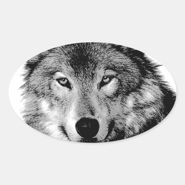 Sticker Ovale Loup noir et blanc (Devant)