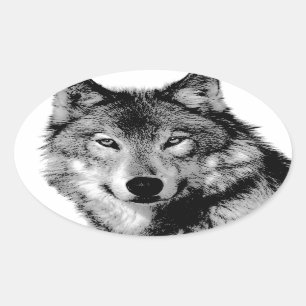 Sticker Ovale Loup noir et blanc