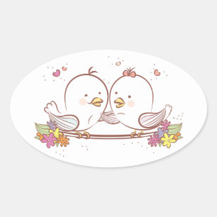 Sticker Ovale Lovebirds Rose Et Brown Amour Mariage