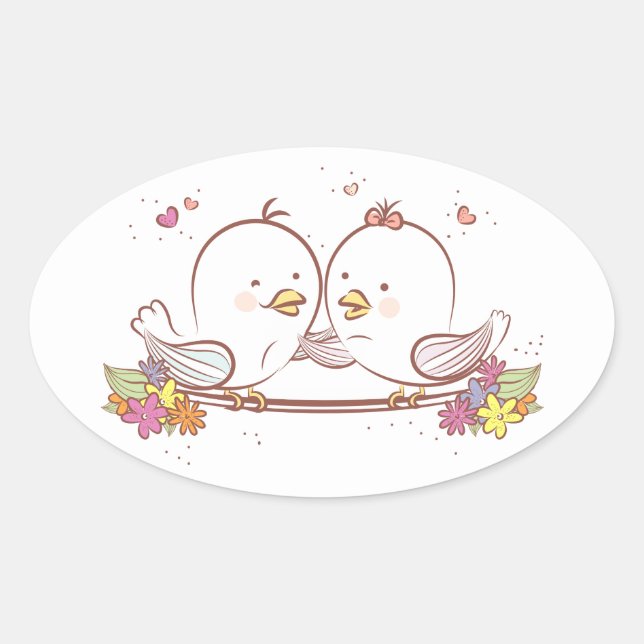 Sticker Ovale Lovebirds Rose Et Brown Amour Mariage (Devant)