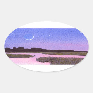 Sticker Ovale Lune et Héron