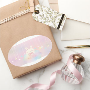 Sticker Ovale Lune rose et étoiles Petit lapin Petit Baby shower