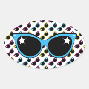 Sticker Ovale Lunettes de soleil de chat Retro Motif avec bleu