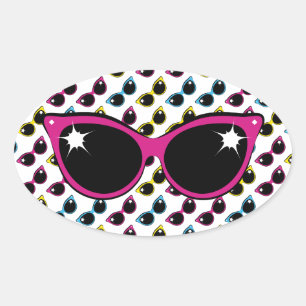 Sticker Ovale Lunettes de soleil de chat Retro Motif avec rose