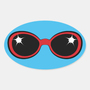 Sticker Ovale Lunettes de soleil rétros rouge sur bleu