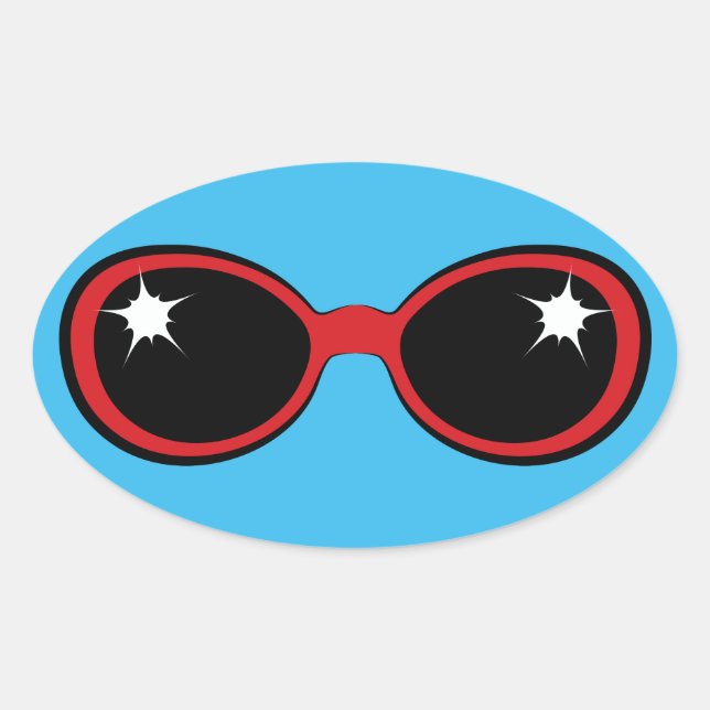 Sticker Ovale Lunettes de soleil rétros rouge sur bleu (Devant)