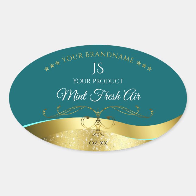 Sticker Ovale Luxueux Décor Wavy Or foncé Monogramme Turquoise É (Devant)