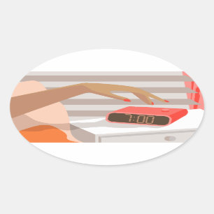 Sticker Ovale Main des femmes poussant le bouton snooze du révei