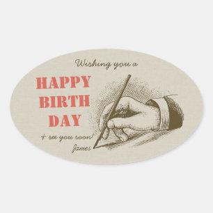 Sticker Ovale Main masculine de rétro anniversaire tenant un