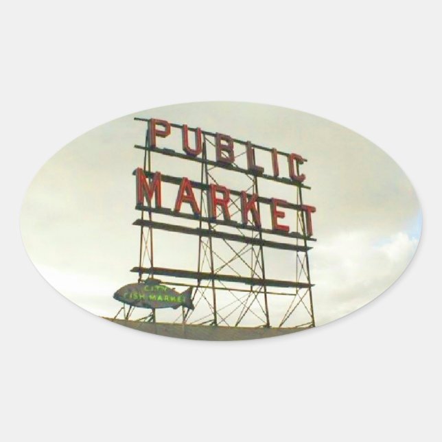 Sticker Ovale Marché public à Seattle, WA (Devant)