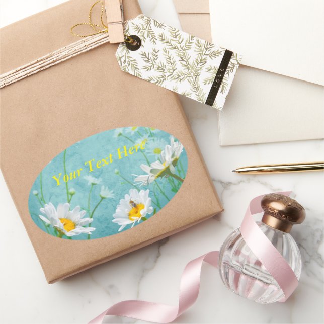 Sticker Ovale Marguerites sur fond bleu (Cadeaux)