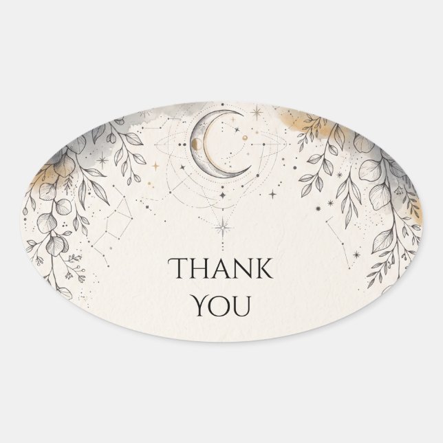 Sticker Ovale Mariage Botanique Lune Céleste Étoiles (Devant)