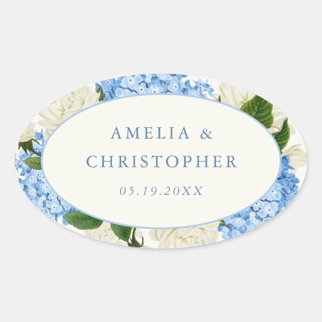Sticker Ovale Mariage Classique Hydrangea Bleu Rose Blanche (Devant)