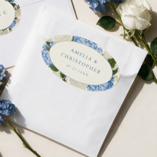 Sticker Ovale Mariage Classique Hydrangea Bleu Rose Blanche