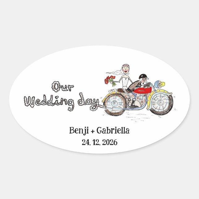 Sticker Ovale Mariage de jeunes mariés à moto (Devant)