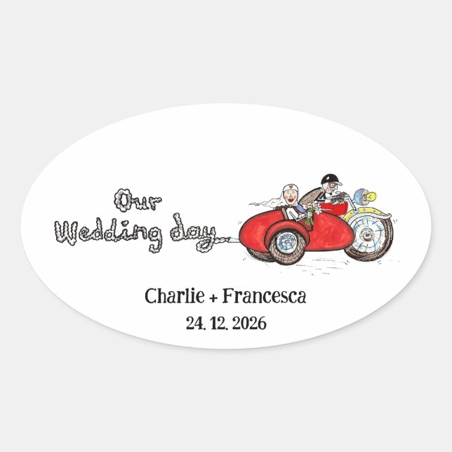 Sticker Ovale Mariage de moto et side-car de mariés (Devant)