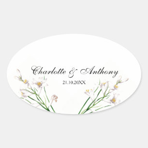 Sticker Ovale Mariage Élégant Créatif Floral Blanc Chic
