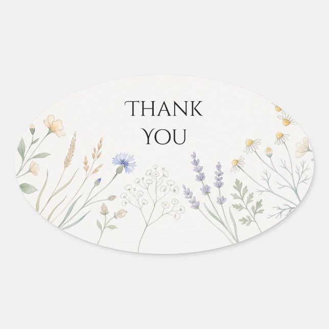 Sticker Ovale Mariage Fleur Sauvage Écossaise Merci (Devant)