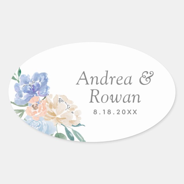 Sticker Ovale Mariage floral bleu et rose (Devant)