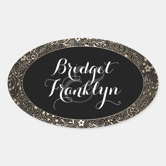 Sticker Ovale Mariage floral noir et or (Devant)