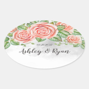 Sticker Ovale Mariage floral rose pâle