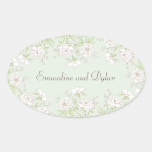 Sticker Ovale Mariage Rose Blanche Vert Sauge