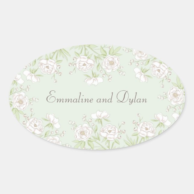 Sticker Ovale Mariage Rose Blanche Vert Sauge (Devant)