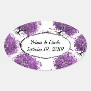 Sticker Ovale Mariage sous l'arbre aux feuilles en forme de cœur